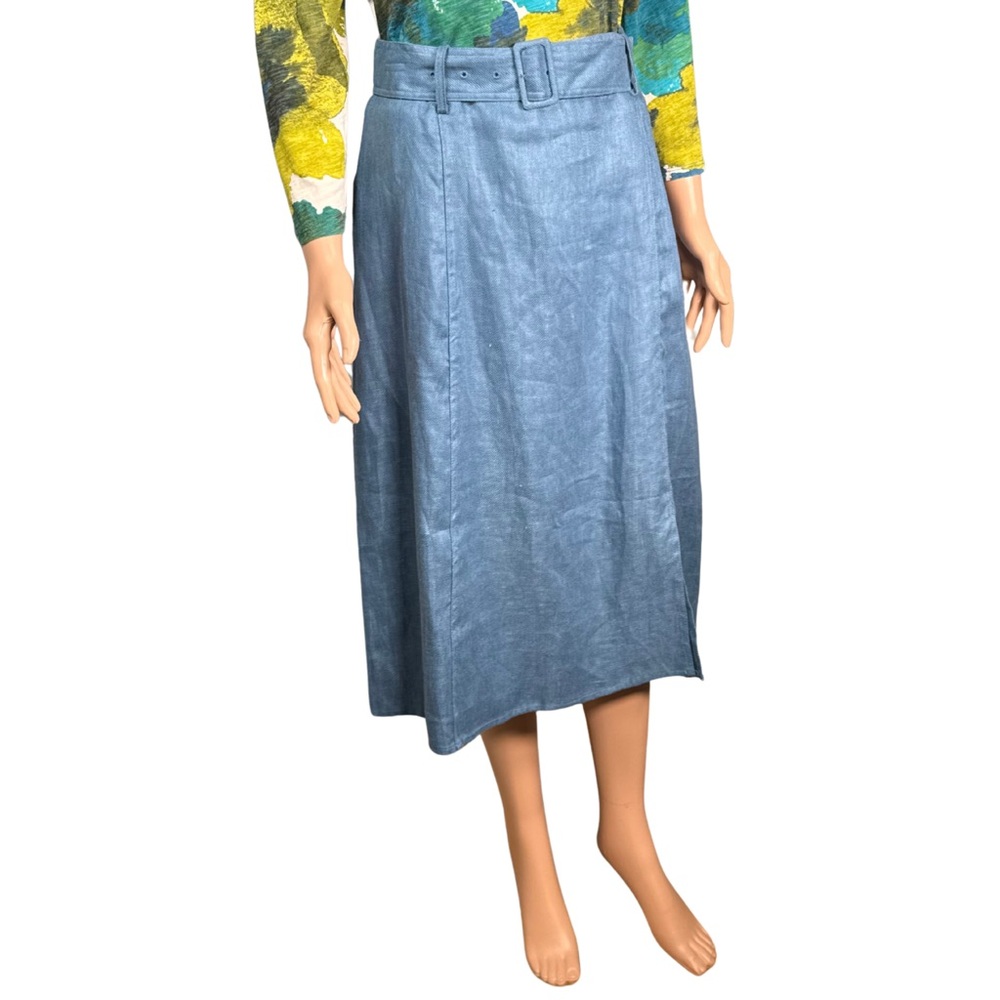 Hobbs London "Justine"‎ Blue Linen Belted Midi Skirt Size 8 NEW